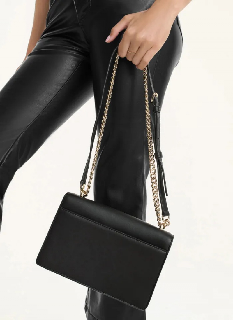 Black/Gold Women's Dkny Millie Flap Leather Crossbody Bags | 2908HJWXG