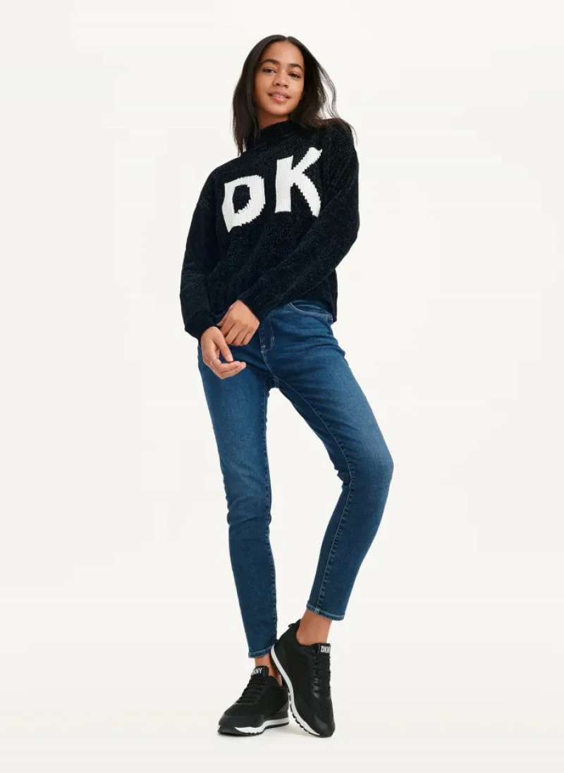 Black/Ivory Women's Dkny Chunky Chenille Logo Sweaters | 7234UEZYW