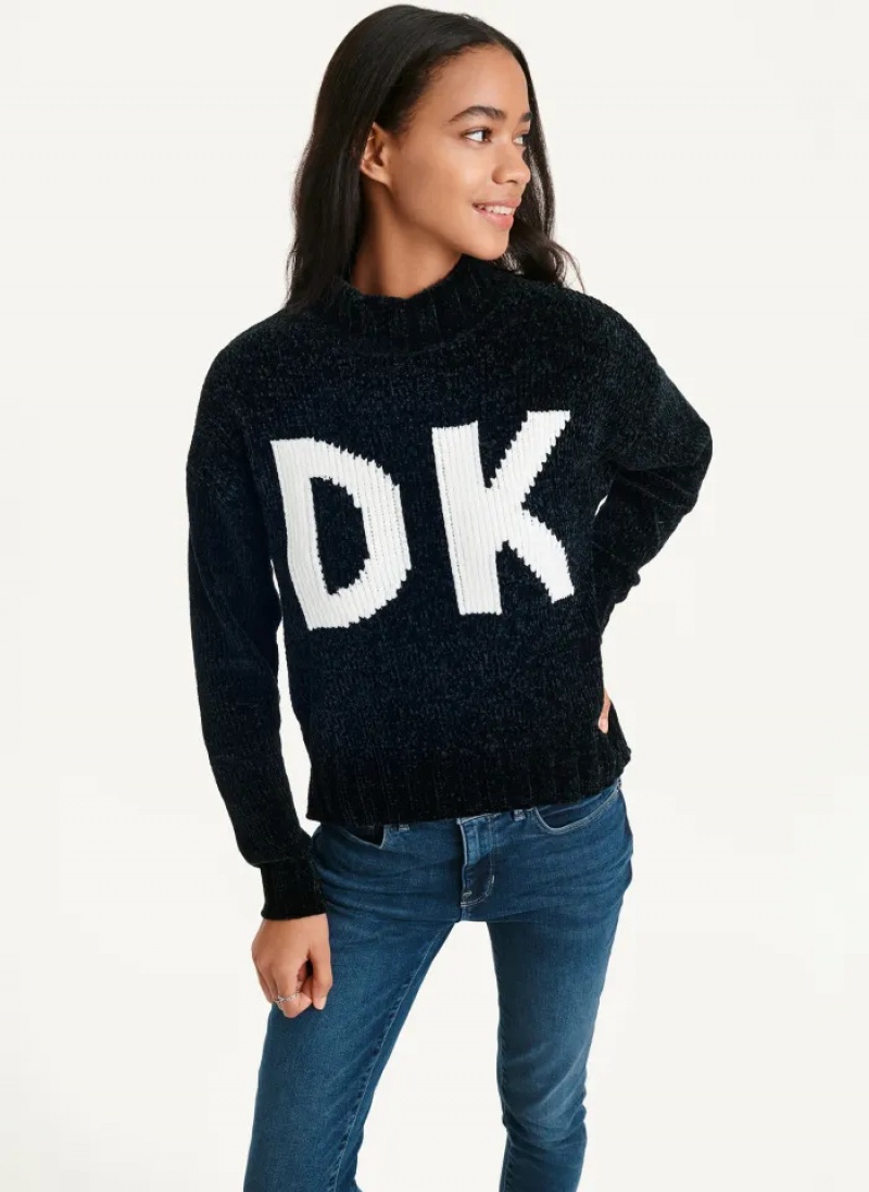 Black/Ivory Women's Dkny Chunky Chenille Logo Sweaters | 7234UEZYW