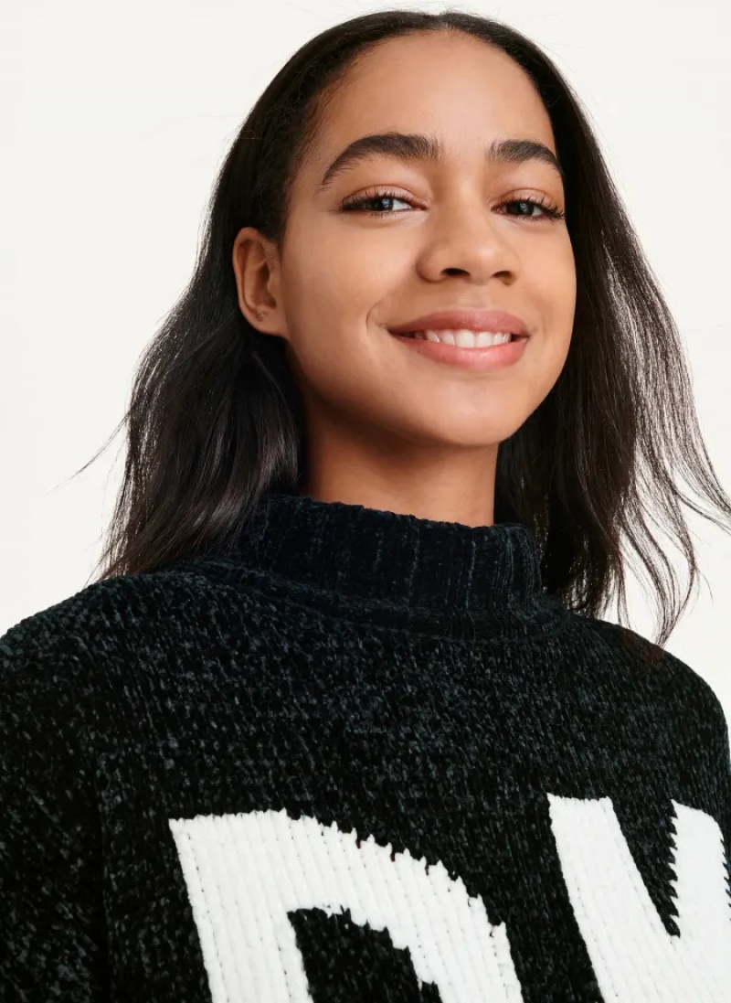 Black/Ivory Women's Dkny Chunky Chenille Logo Sweaters | 7234UEZYW