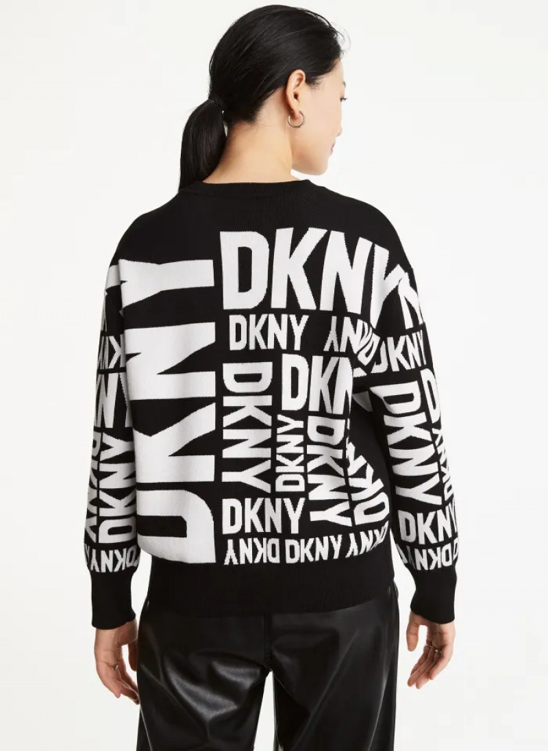 Black/Ivory Women's Dkny Long Sleeve Crew Neck Exploded Logo Sweaters | 8164BLHER