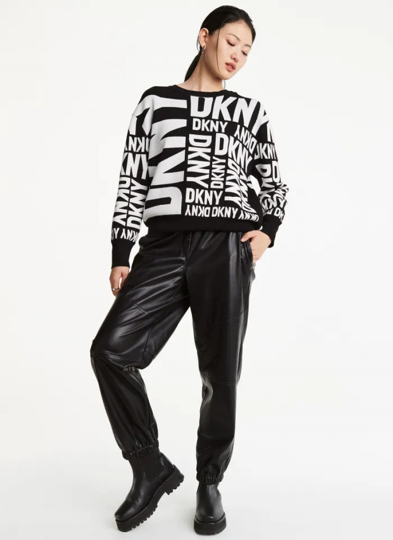 Black/Ivory Women's Dkny Long Sleeve Crew Neck Exploded Logo Sweaters | 8164BLHER