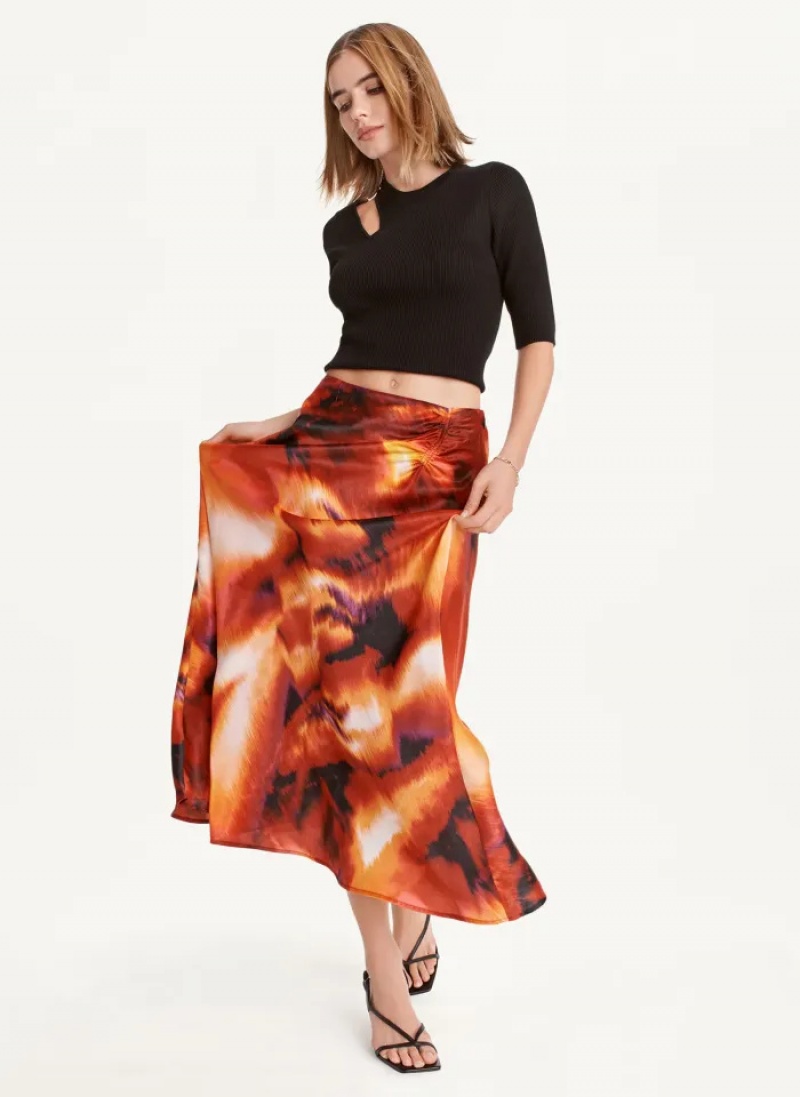 Black/Persimmon Multi Women's Dkny Printed Satin Ruched Maxi Skirt | 6012BNWLT