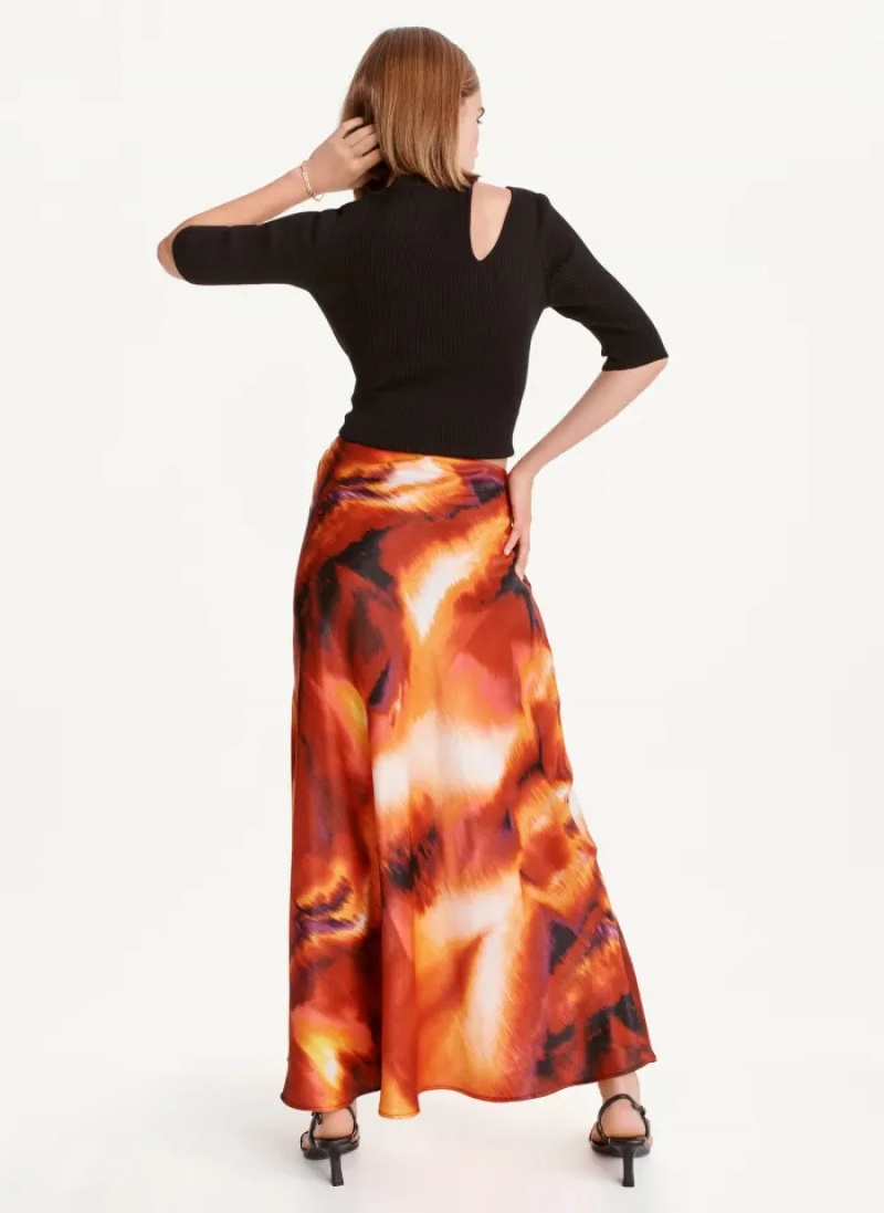 Black/Persimmon Multi Women's Dkny Printed Satin Ruched Maxi Skirt | 6012BNWLT