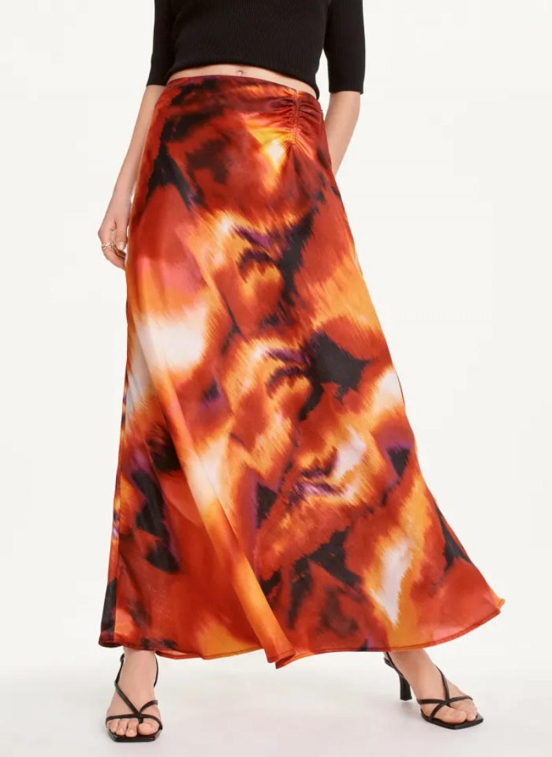 Black/Persimmon Multi Women\'s Dkny Printed Satin Ruched Maxi Skirt | 6012BNWLT