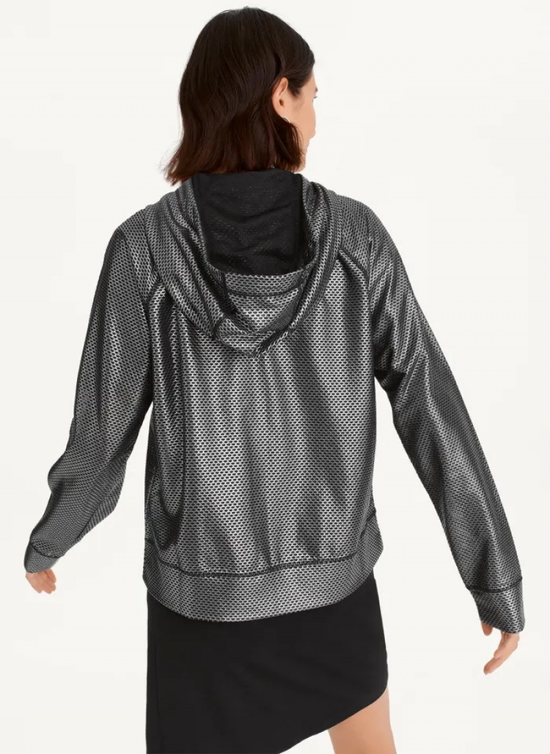 Black/Silver Women's Dkny Chintz Honeycomb Mesh Full Zip Hoodie | 6307YXZWO