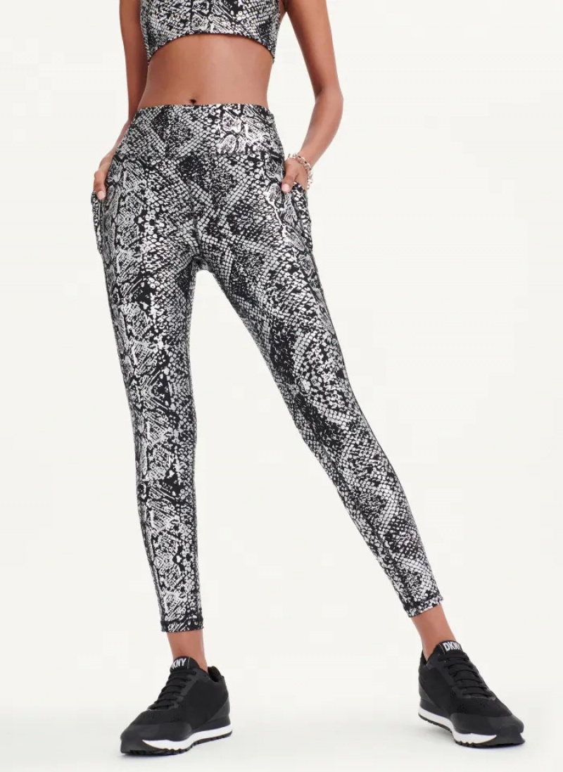 Black/Silver Women's Dkny High Waist Metallic Snake Print Leggings | 0426QDIYH