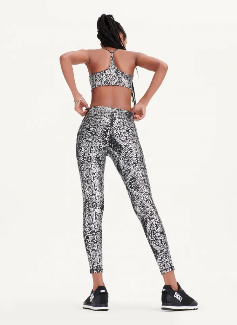 Black/Silver Women's Dkny High Waist Metallic Snake Print Leggings | 0426QDIYH