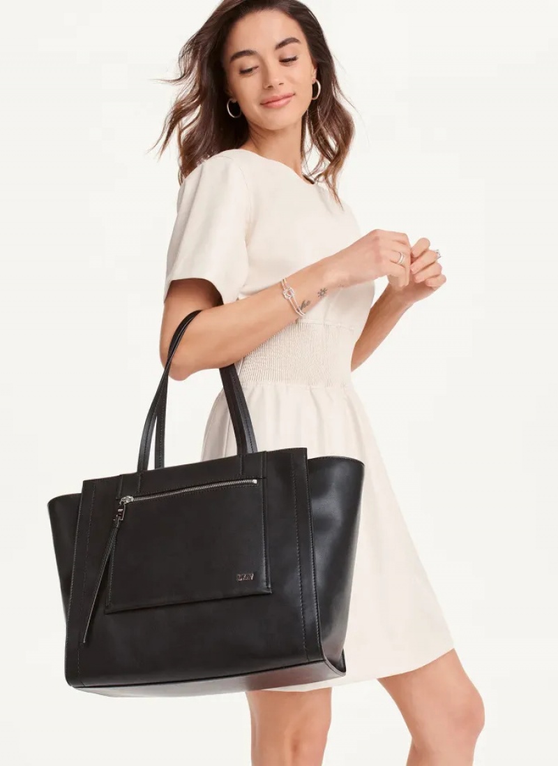 Black/Silver Women's Dkny Pax Large Tote Bags | 0687IYZDM