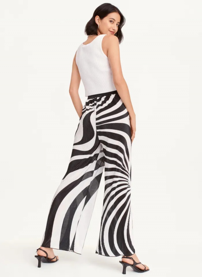 Black/White Women's Dkny High Waisted Pleated Flare Pants | 9751ZUYWM