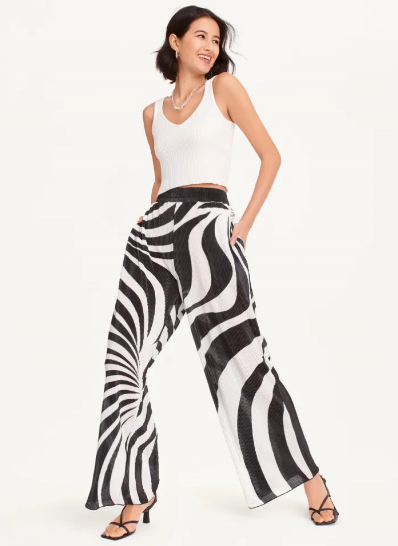 Black/White Women's Dkny High Waisted Pleated Flare Pants | 9751ZUYWM