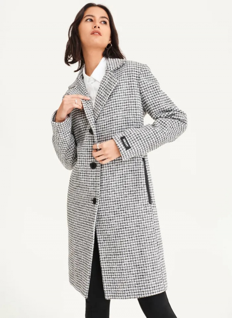 Black/White Women's Dkny Plaid Wool Coats | 7391UOMZS