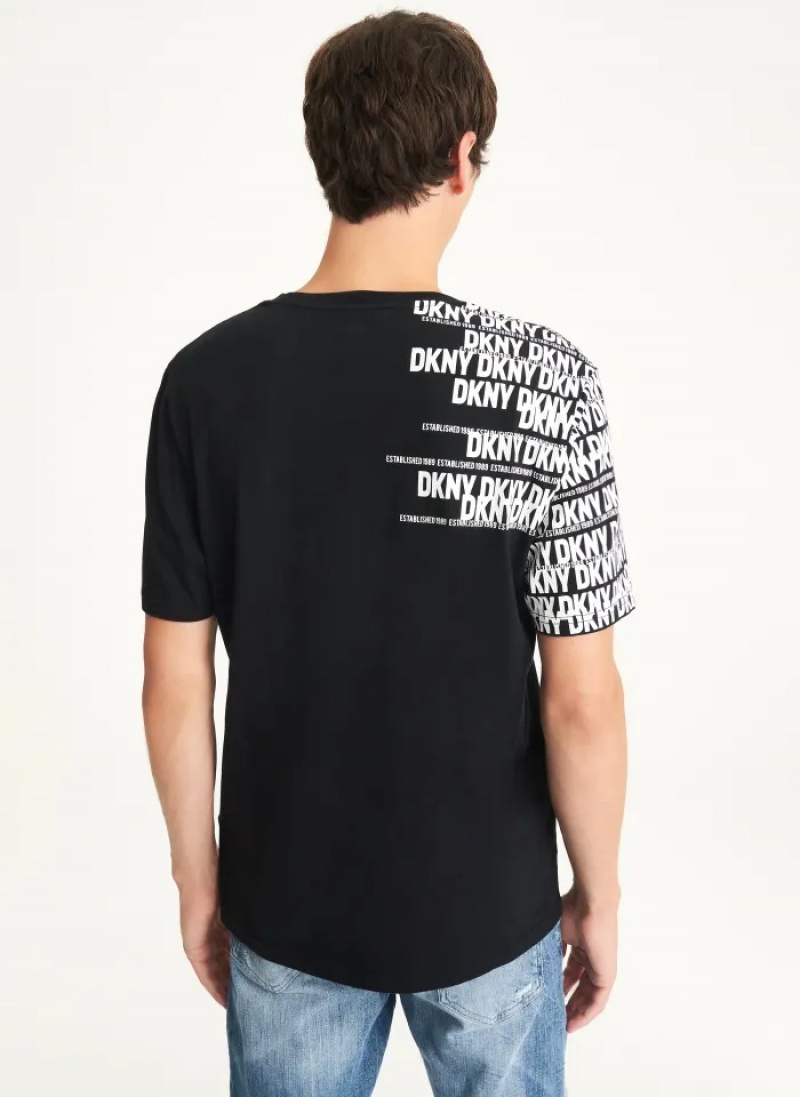 Black Men's Dkny Asymmetrical Sleeve Logo T Shirts | 7201UISRC