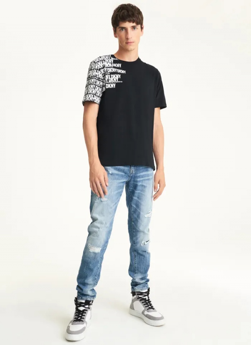 Black Men's Dkny Asymmetrical Sleeve Logo T Shirts | 7201UISRC