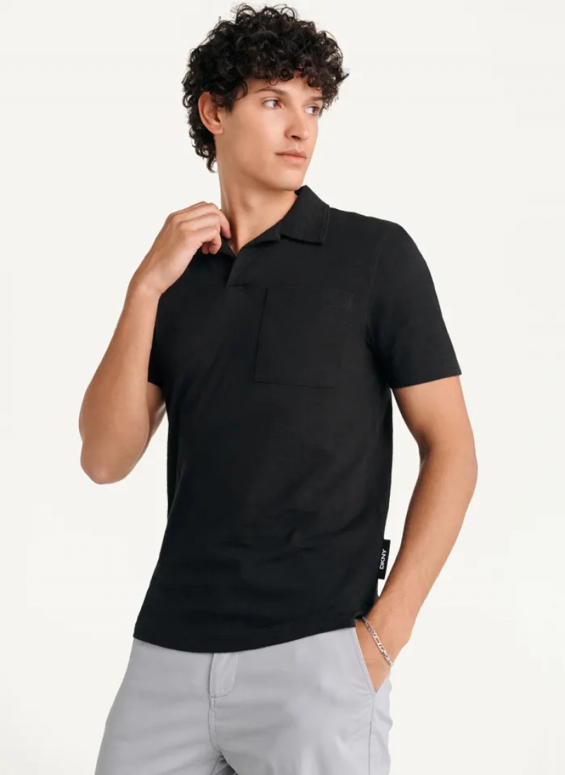 Black Men's Dkny Cotton Slub Jersey Single Breast Polo Shirts | 2048HIZRO