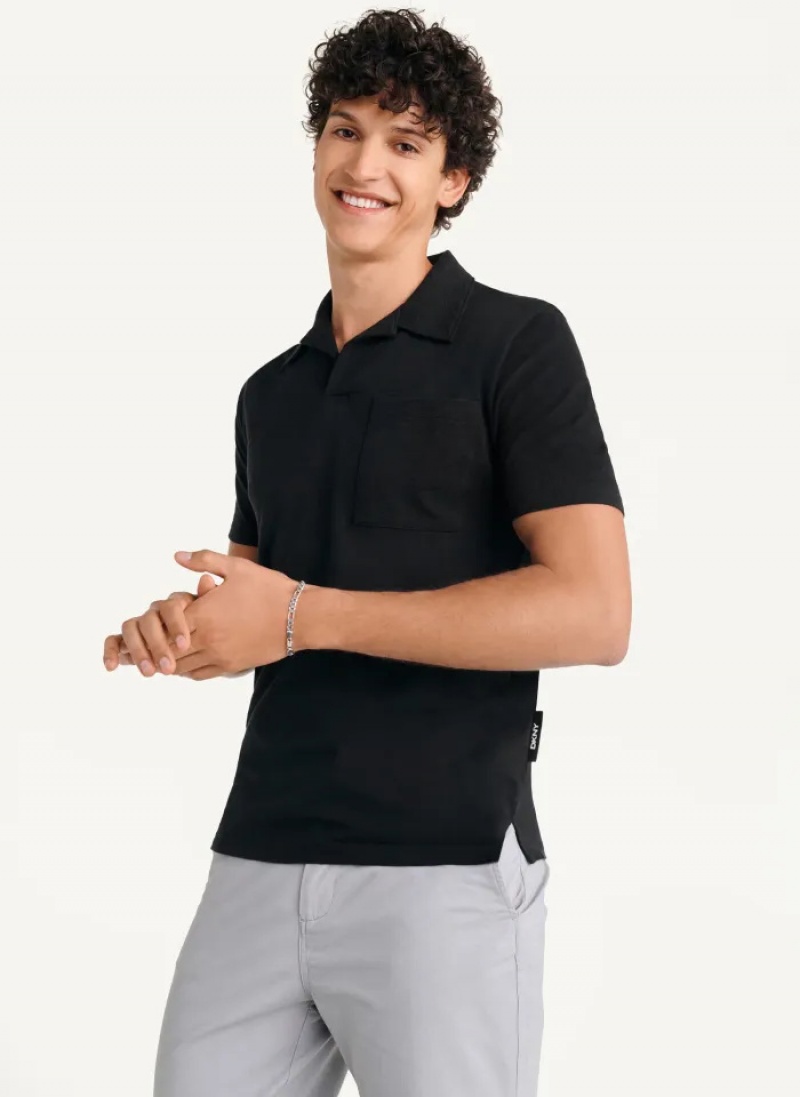 Black Men's Dkny Cotton Slub Jersey Single Breast Polo Shirts | 2048HIZRO