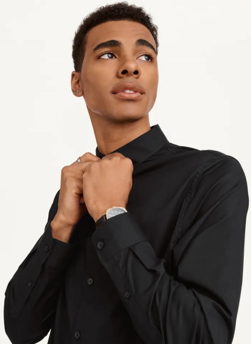 Black Men's Dkny Long Sleeve Button Down Shirts | 4293TJOGC