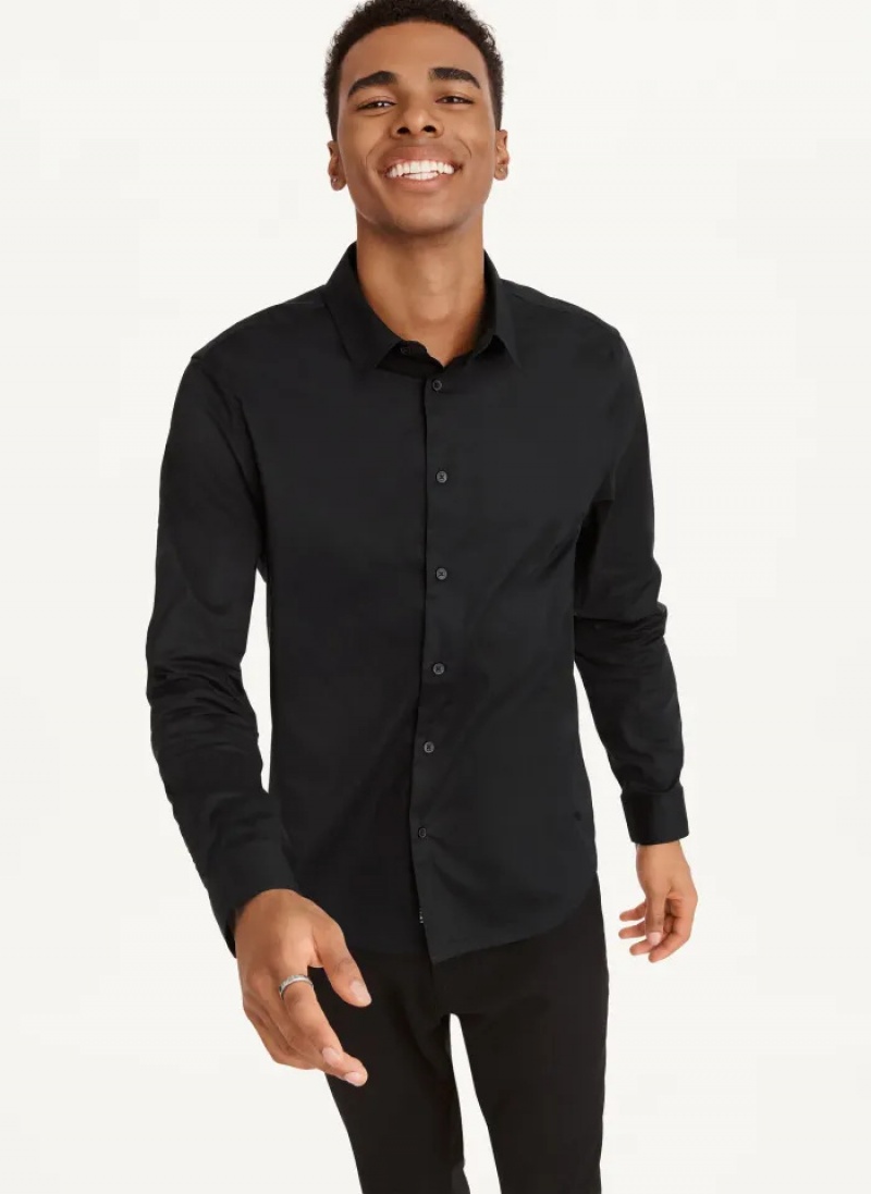 Black Men\'s Dkny Long Sleeve Button Down Shirts | 4293TJOGC