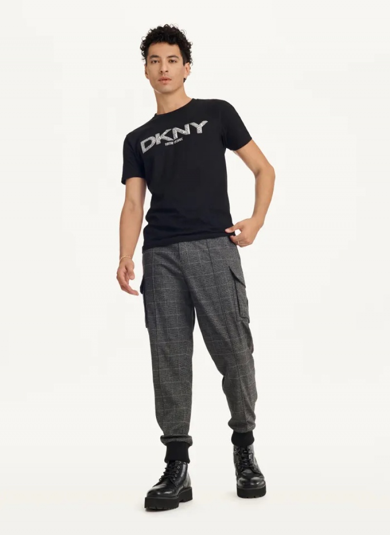 Black Men's Dkny Metallic Puff Logo T Shirts | 0521EFGPL