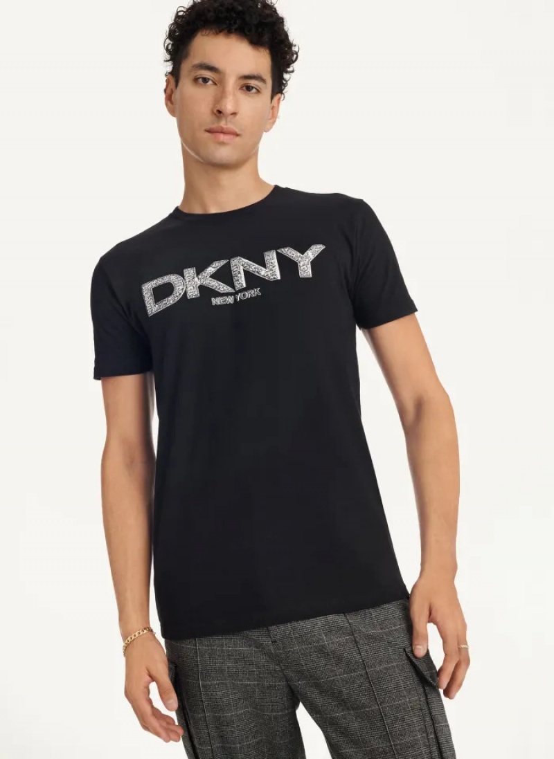 Black Men's Dkny Metallic Puff Logo T Shirts | 0521EFGPL