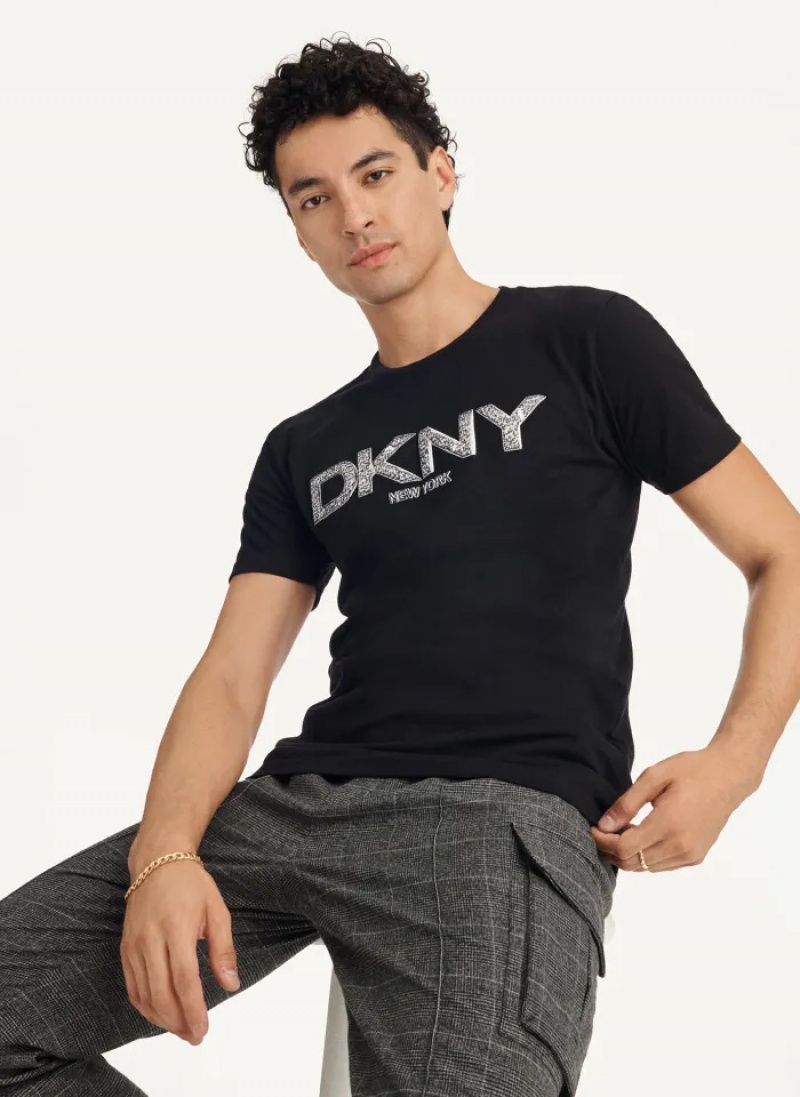 Black Men's Dkny Metallic Puff Logo T Shirts | 0521EFGPL