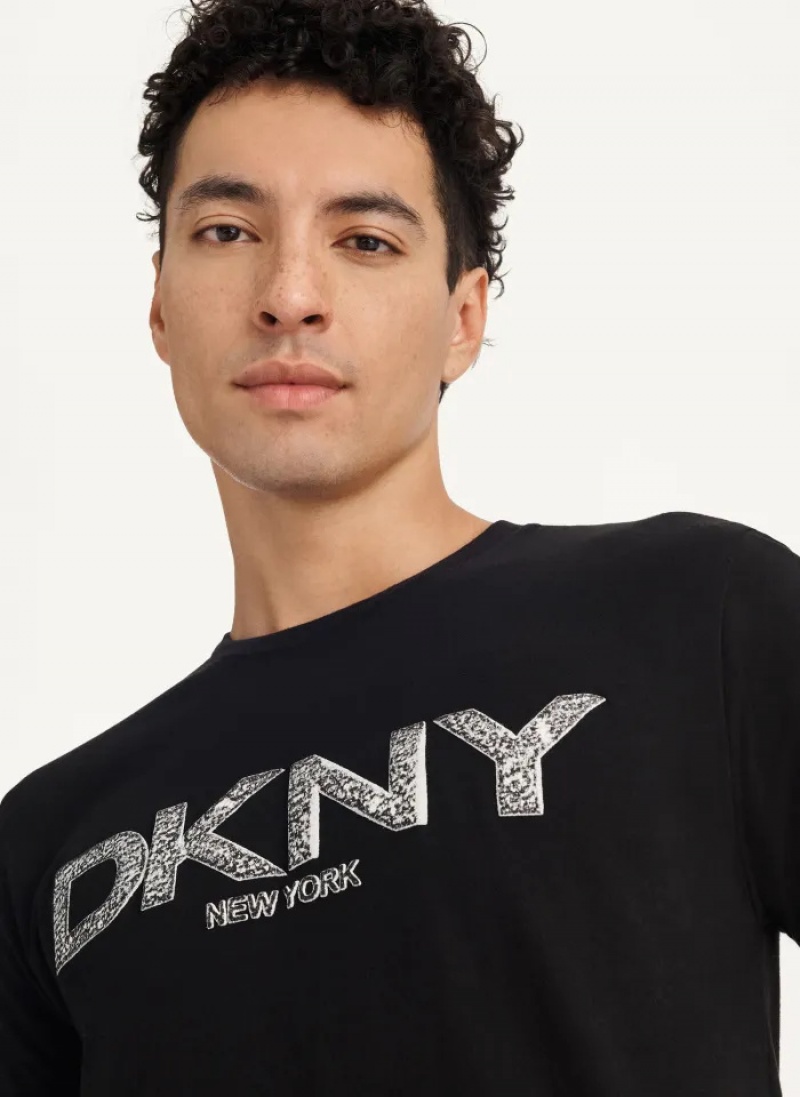 Black Men's Dkny Metallic Puff Logo T Shirts | 0521EFGPL