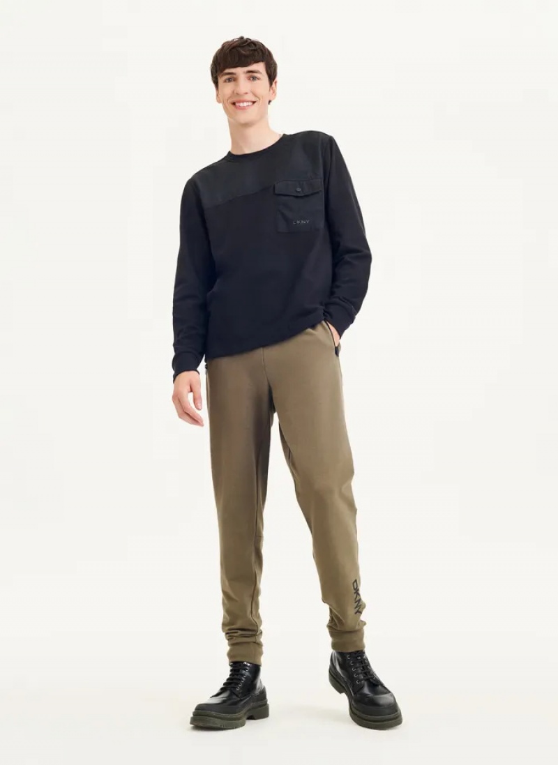 Black Men's Dkny Mixed Media Pocket Long Sleeve Knit T Shirts | 3967KVXHE