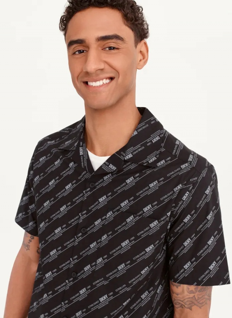 Black Men's Dkny Short Sleeve Camp Allover Stripe Logo Shirts | 5670ZYSEB