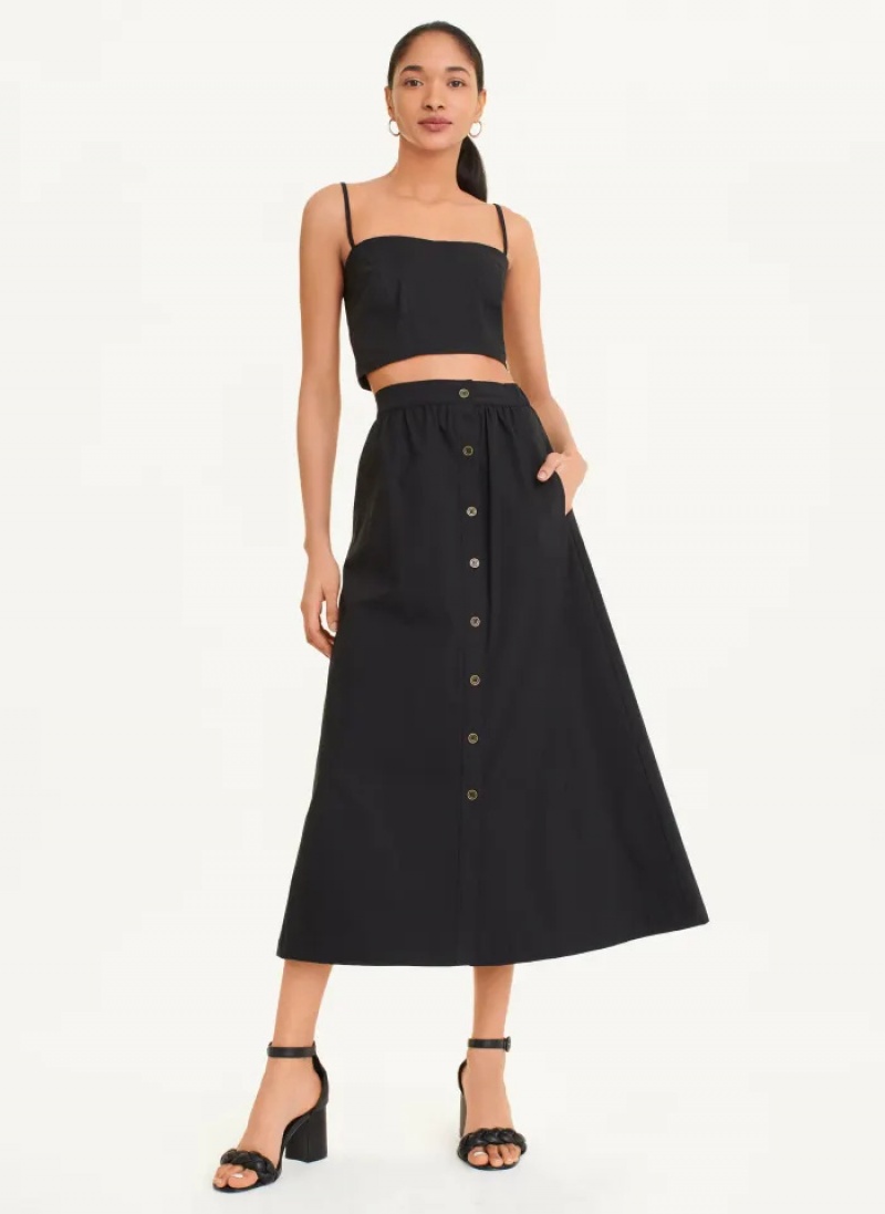 Black Women's Dkny Button Front Poplin Skirt | 6217KUNFL