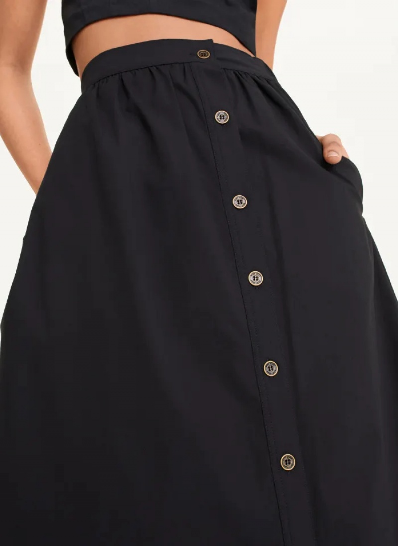 Black Women's Dkny Button Front Poplin Skirt | 6217KUNFL