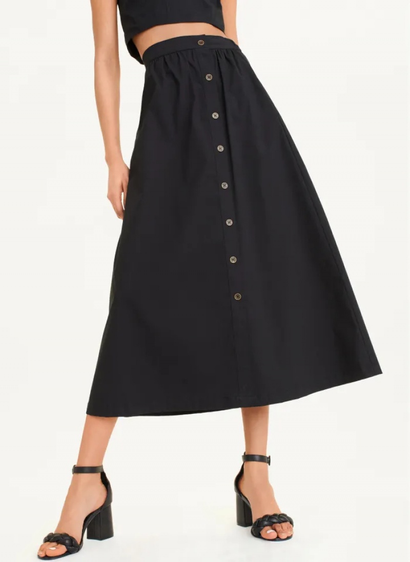 Black Women\'s Dkny Button Front Poplin Skirt | 6217KUNFL