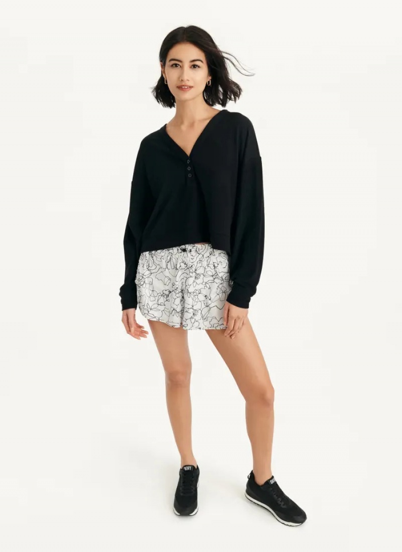 Black Women's Dkny Cropped Henley Lounge Pullover | 9758IGROE