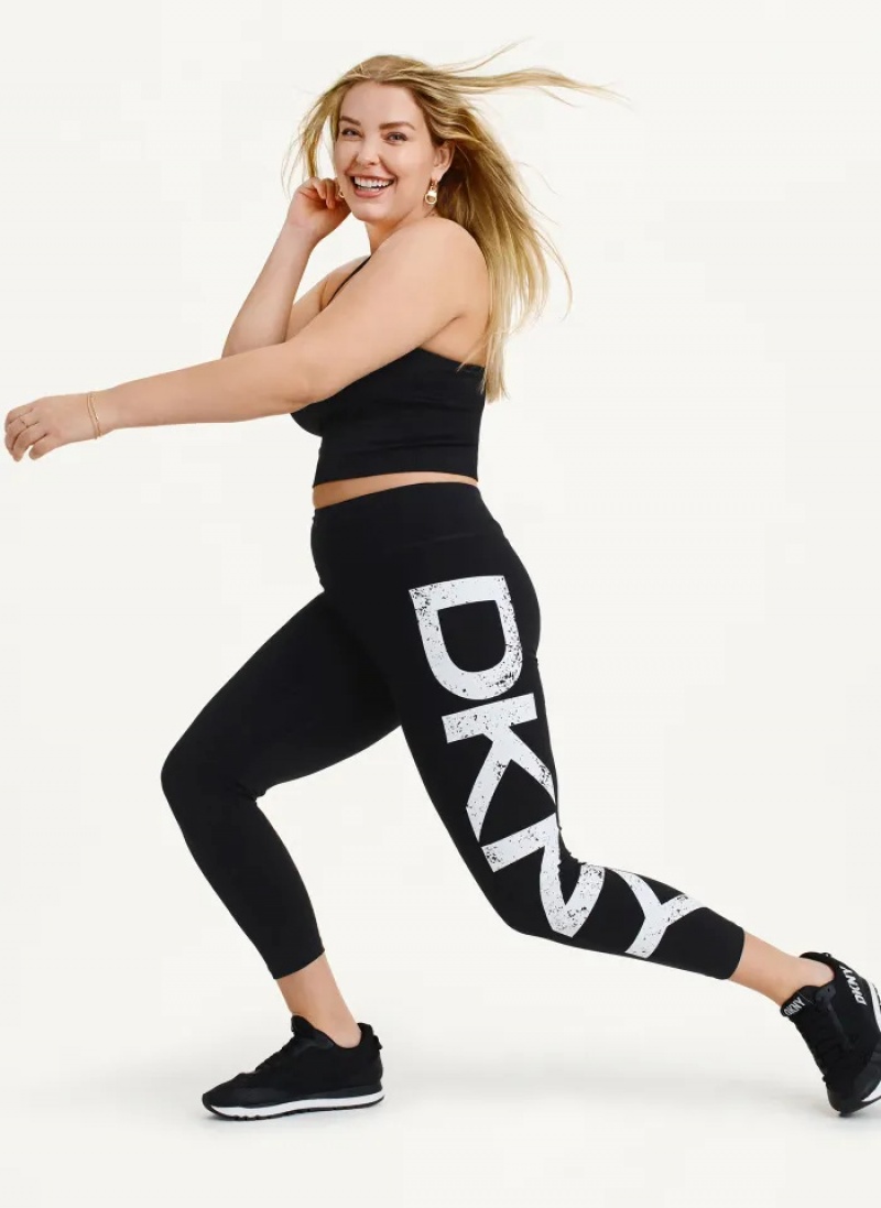 Black Women's Dkny Distressed Crackle Logo High Waist Leggings | 3086XNTIF