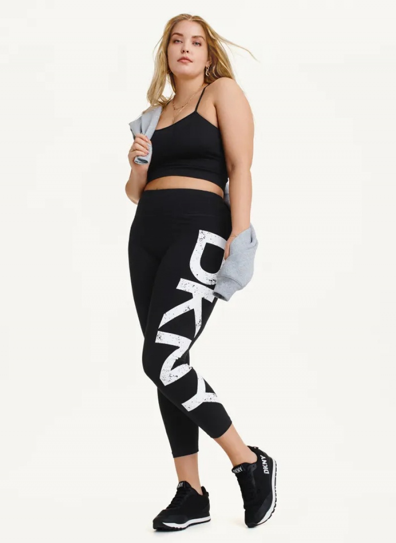 Black Women's Dkny Distressed Crackle Logo High Waist Leggings | 3086XNTIF