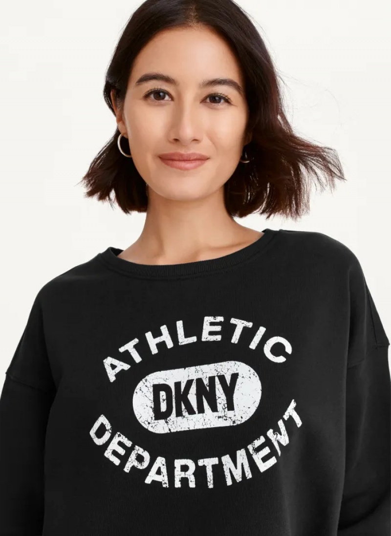 Black Women's Dkny Distressed Varsity Logo Raw Edge Crew Neck Pullover | 8690PEQFU