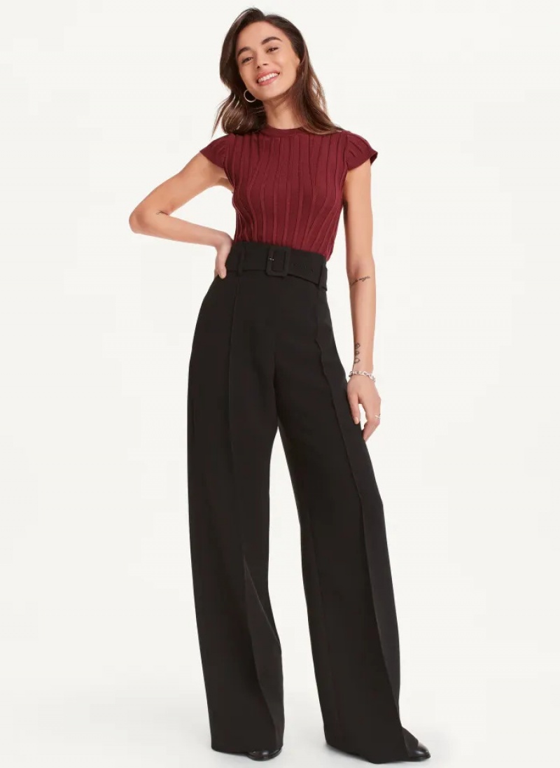 Black Women's Dkny Double Weave Belted Pants | 7315ZFOVG