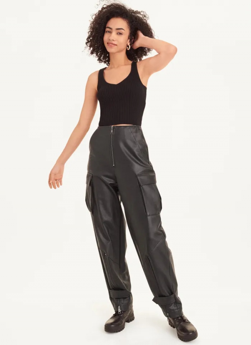 Black Women's Dkny Faux Leather Cargo with Zipper Detail Pants | 6590ECXPL