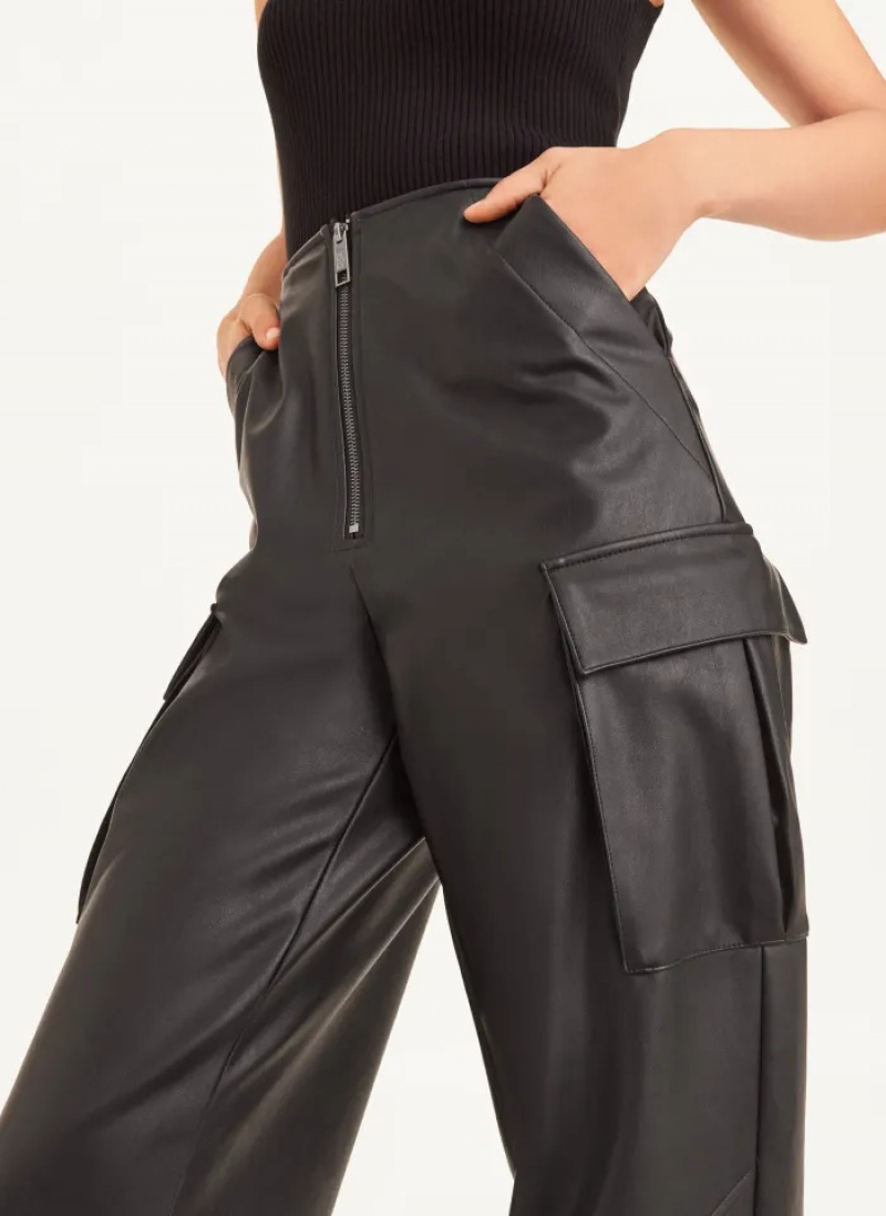 Black Women's Dkny Faux Leather Cargo with Zipper Detail Pants | 6590ECXPL