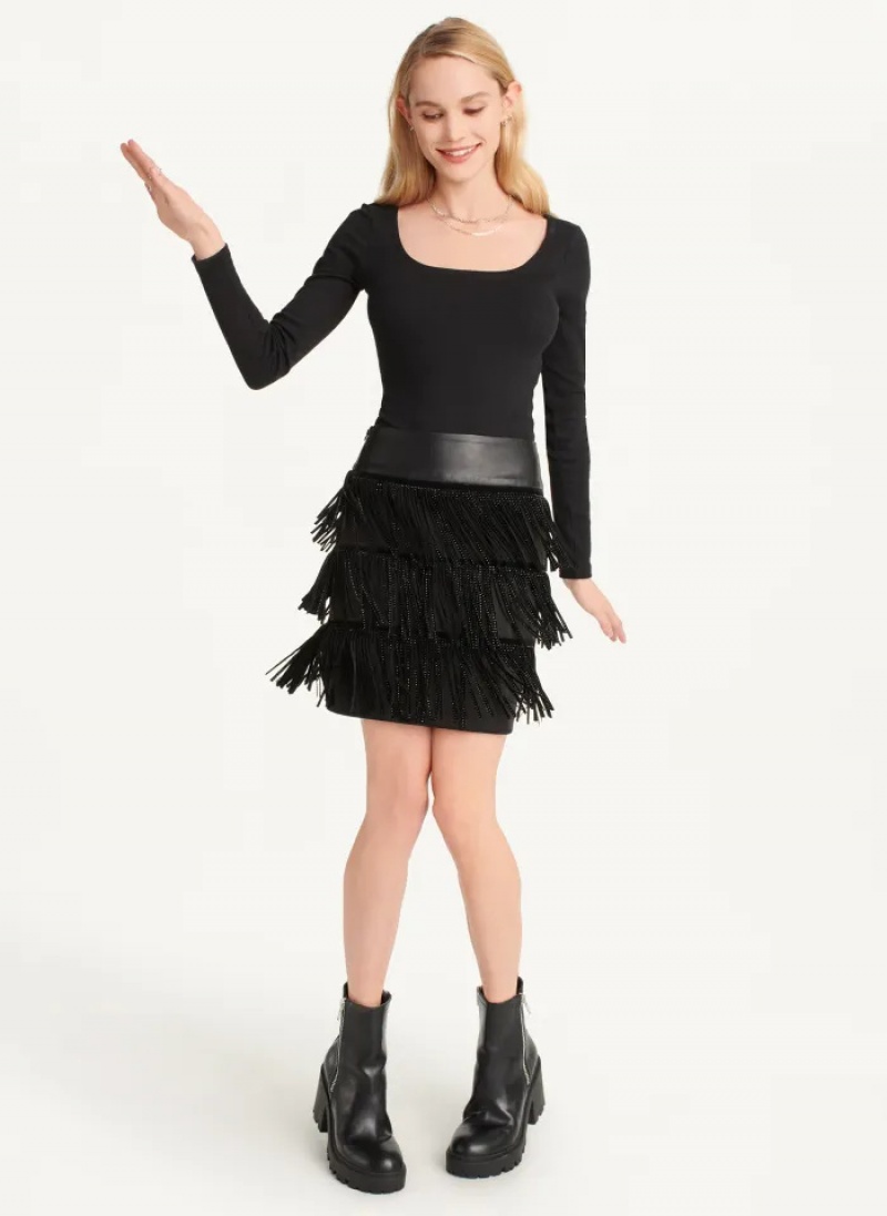 Black Women's Dkny Fringe W/ Faux Leather Waist Skirt | 7650SZJCM