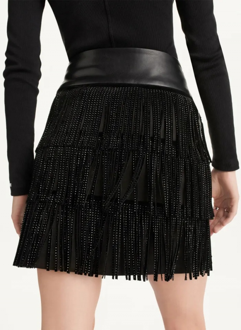 Black Women's Dkny Fringe W/ Faux Leather Waist Skirt | 7650SZJCM