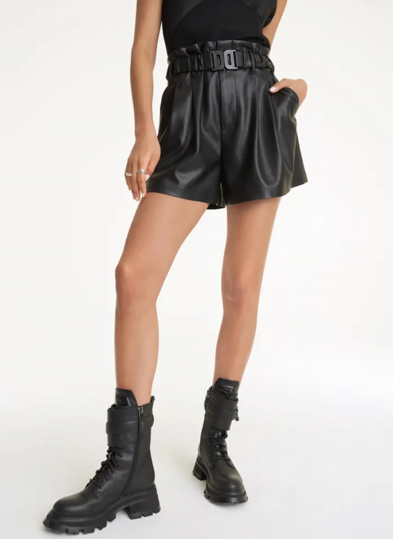 Black Women\'s Dkny Logo Belt Faux Leather Shorts | 0916EYAQP