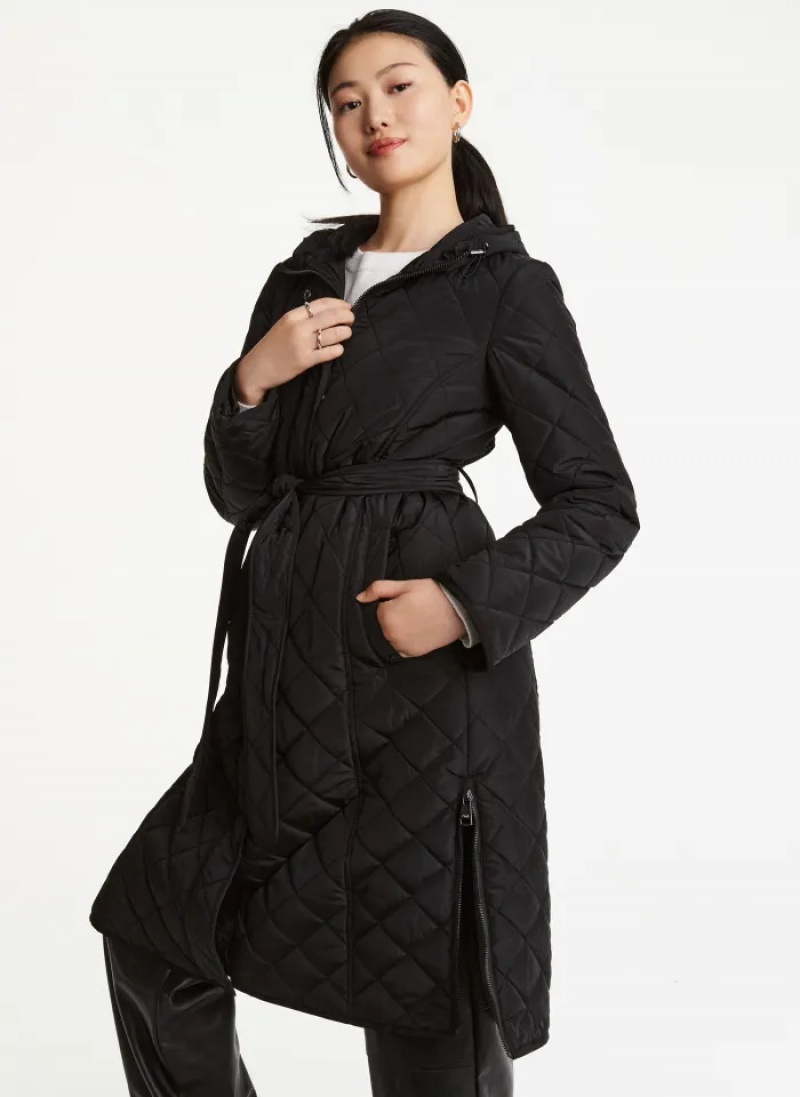 Black Women's Dkny Long Quilted Trench Coats | 1380BIAOL