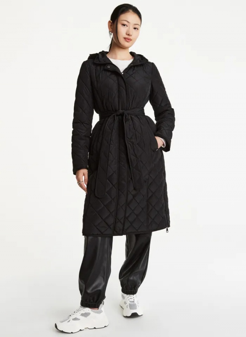 Black Women\'s Dkny Long Quilted Trench Coats | 1380BIAOL