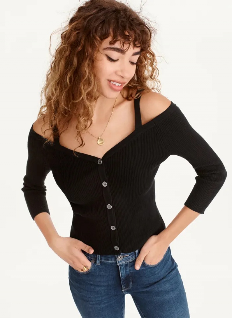 Black Women\'s Dkny Long Sleeve Cold Shoulder Sweaters | 4982RBJDN