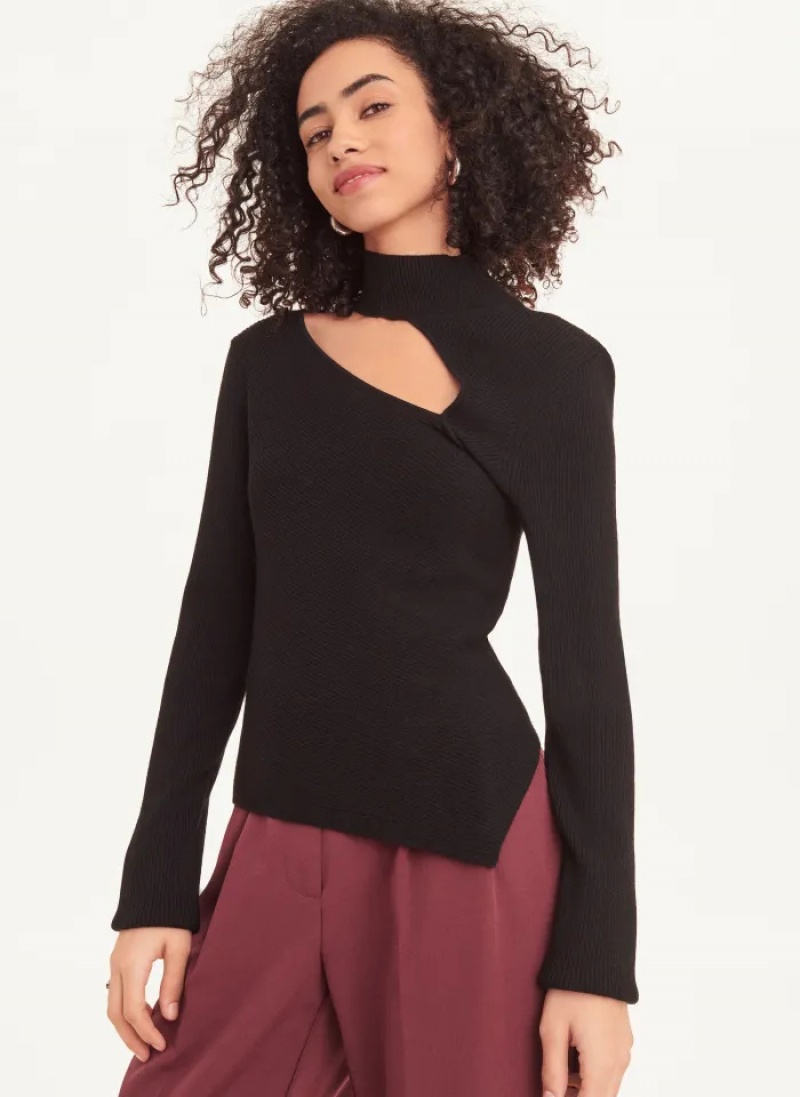 Black Women's Dkny Long Sleeve Cutout Mock Neck Sweaters | 1492LTFJE