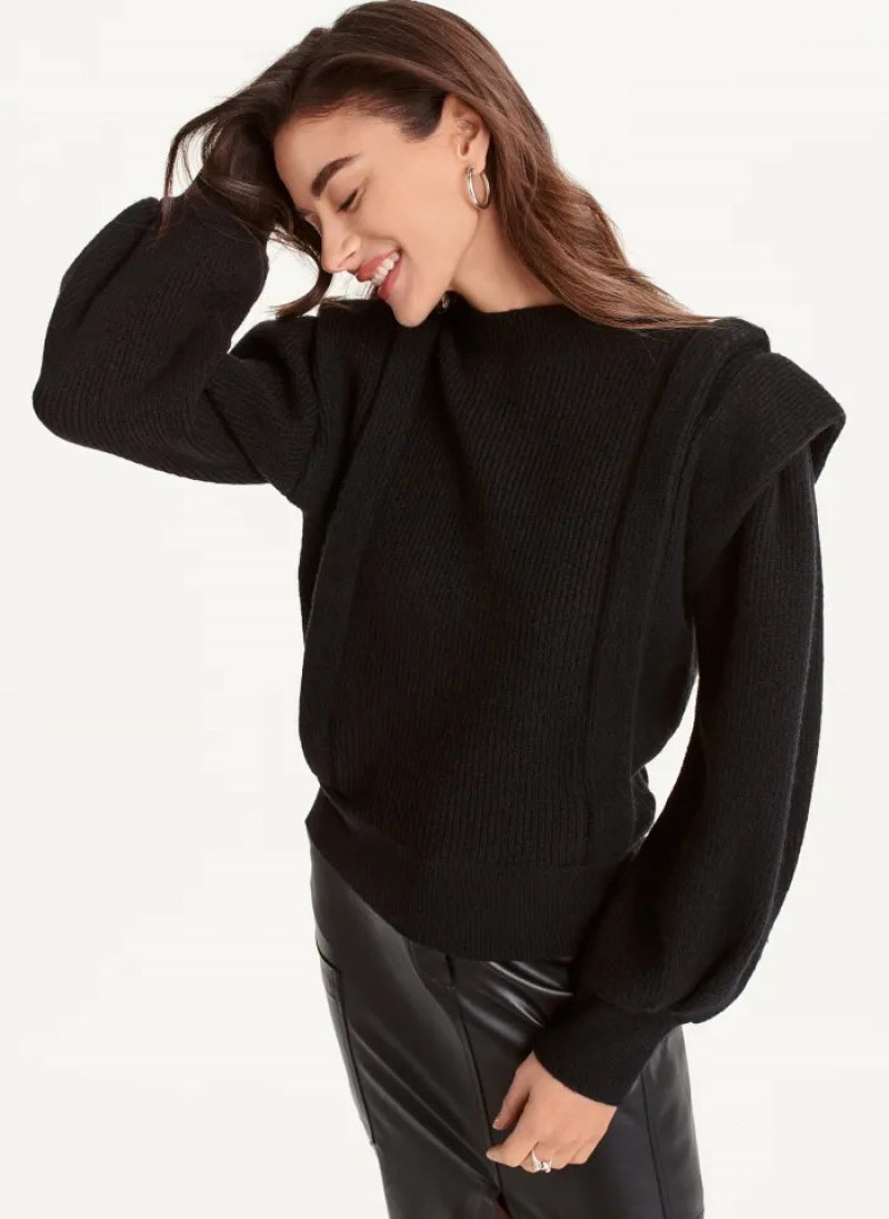 Black Women's Dkny Long Sleeve Flange Crew Neck Sweaters | 7982DSYCF