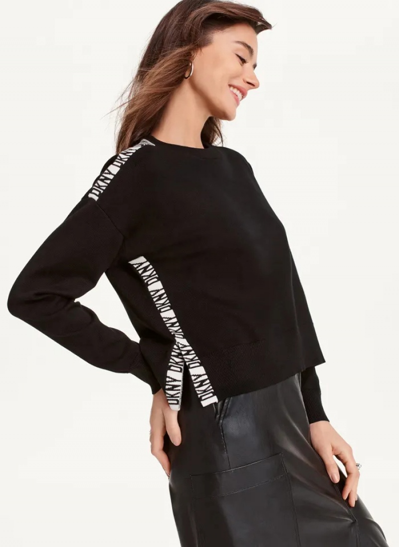 Black Women\'s Dkny Long Sleeve Logo Tape Sweaters | 8129ELGSI