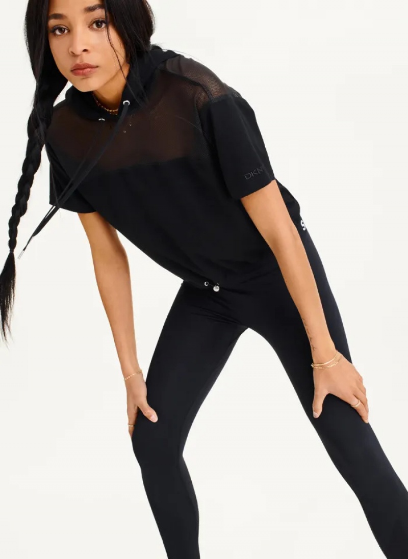 Black Women's Dkny Mesh Blocked Short Sleeve Hoodie | 7318CQYVE