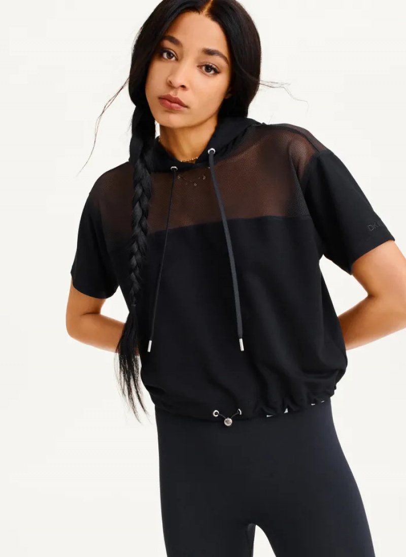 Black Women's Dkny Mesh Blocked Short Sleeve Hoodie | 7318CQYVE