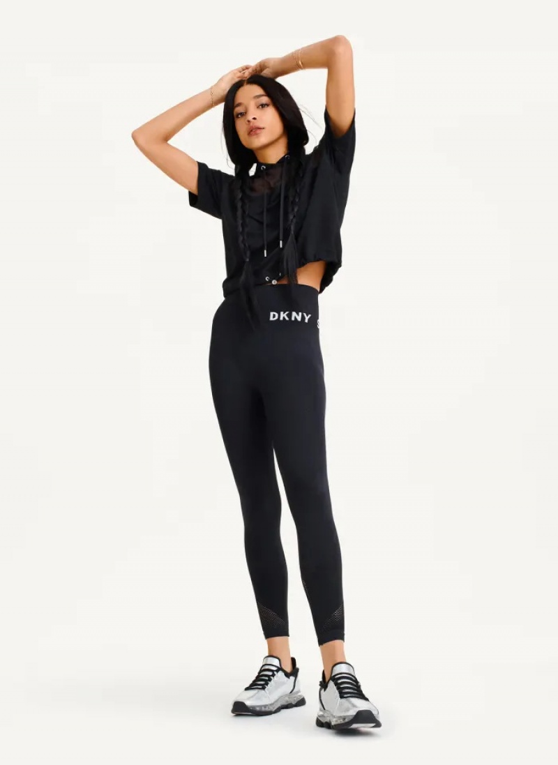 Black Women's Dkny Mesh Blocked Short Sleeve Hoodie | 7318CQYVE